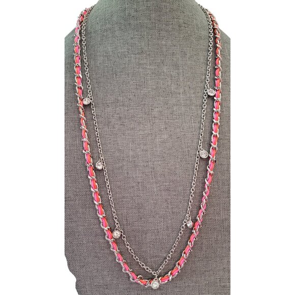 Ann Taylor Silver Tone Pink Orange Cord Crystal Stations Chain Necklace, E874 - Picture 2 of 8
